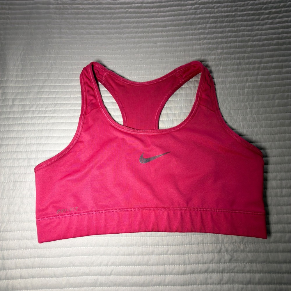 Nike Sports Bra Women Small Pink Fair Dri-FIT Racerback Activewear Logo Tear